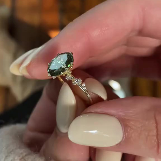 Oval Cut Peridot Green Yellow Gold Sterling Silver Art Deco Engagement Ring