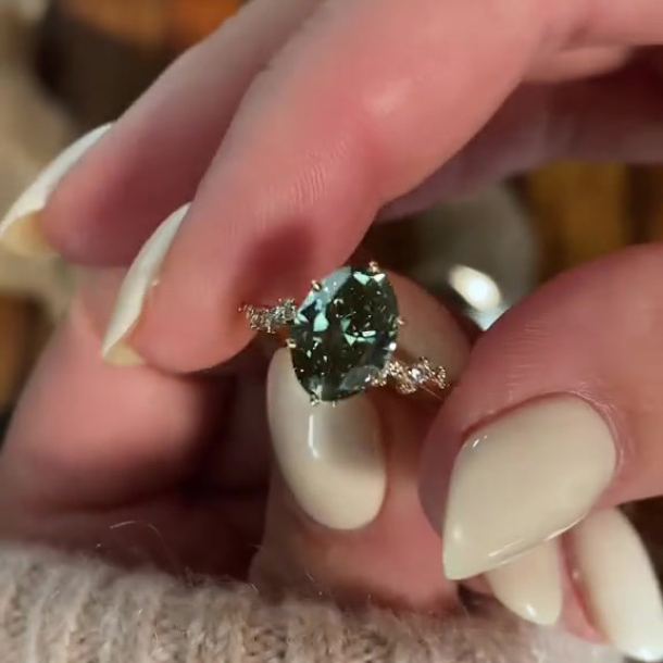 Oval Cut Peridot Green Yellow Gold Sterling Silver Art Deco Engagement Ring