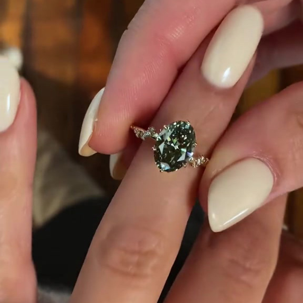 Oval Cut Peridot Green Yellow Gold Sterling Silver Art Deco Engagement Ring