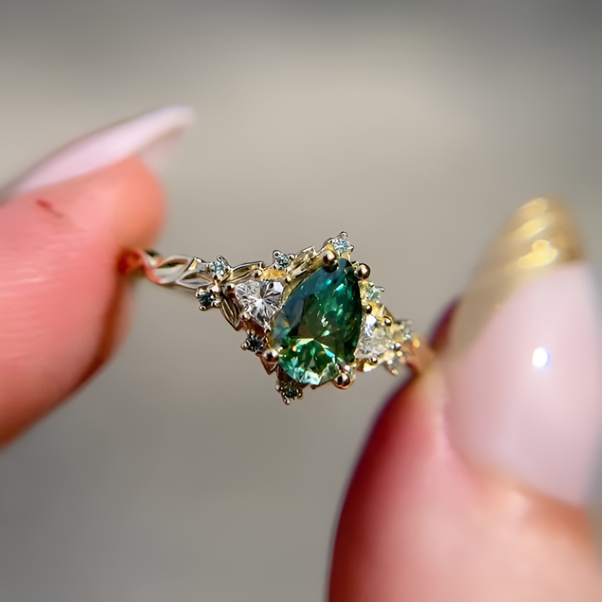 Pear Cut Emerald Green Yellow Gold Sterling Silver 3-Stone Engagement Ring