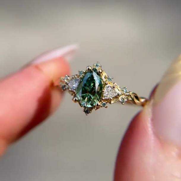 Pear Cut Emerald Green Yellow Gold Sterling Silver 3-Stone Engagement Ring