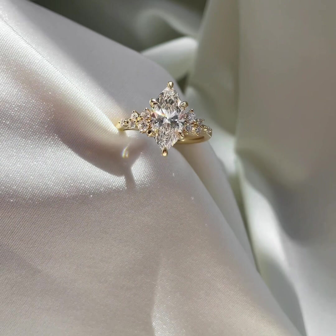 Marquise Cut Diamond White Sterling Silver Yellow Gold Engagement Ring
