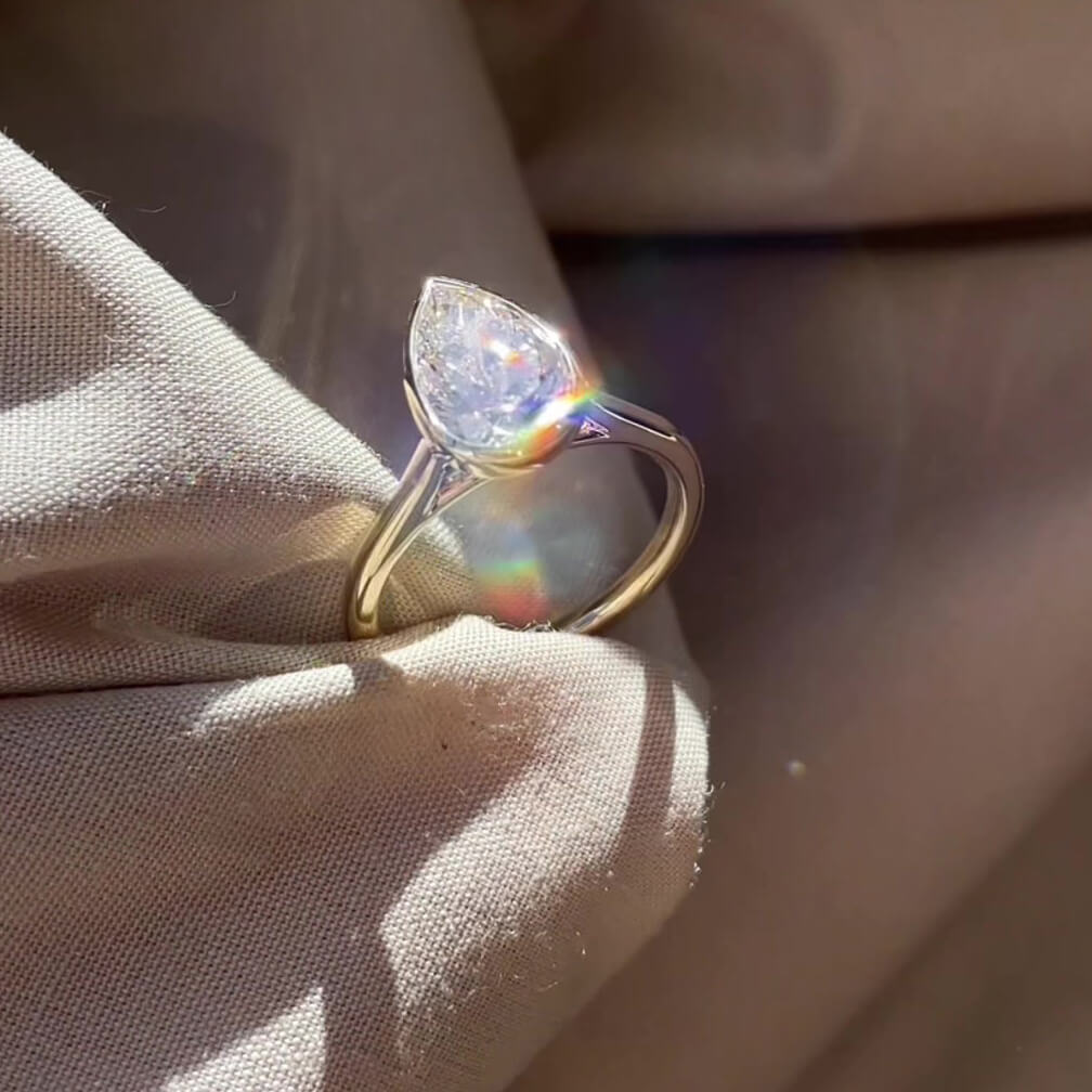 Pear Cut Diamond White Sterling Silver Yellow Gold Solitaire Engagement Ring