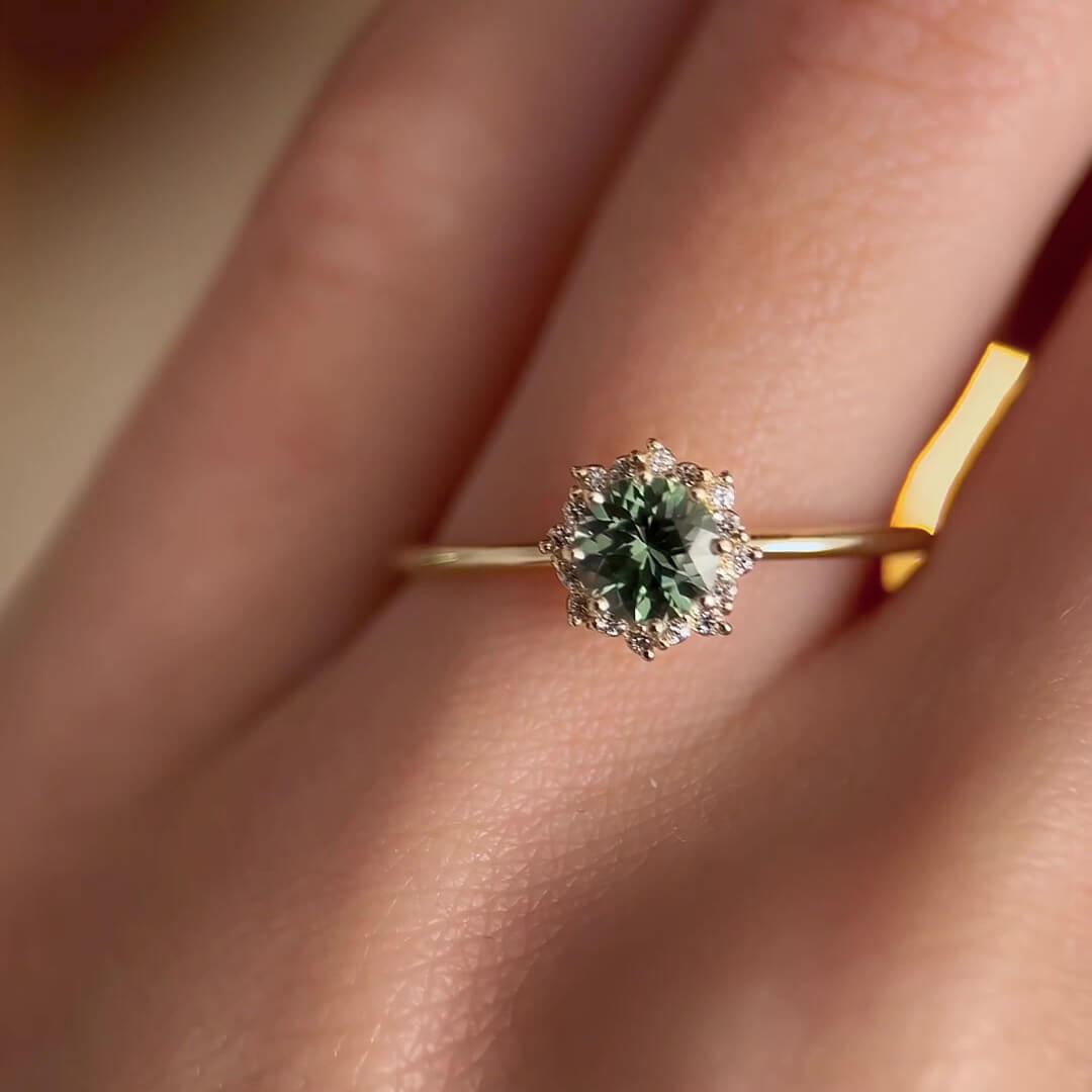 Round Cut Peridot Green Sterling Silver Yellow Gold Halo Engagement Ring