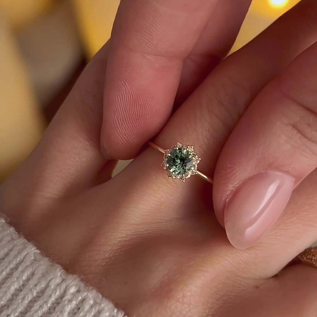 Round Cut Peridot Green Sterling Silver Yellow Gold Halo Engagement Ring