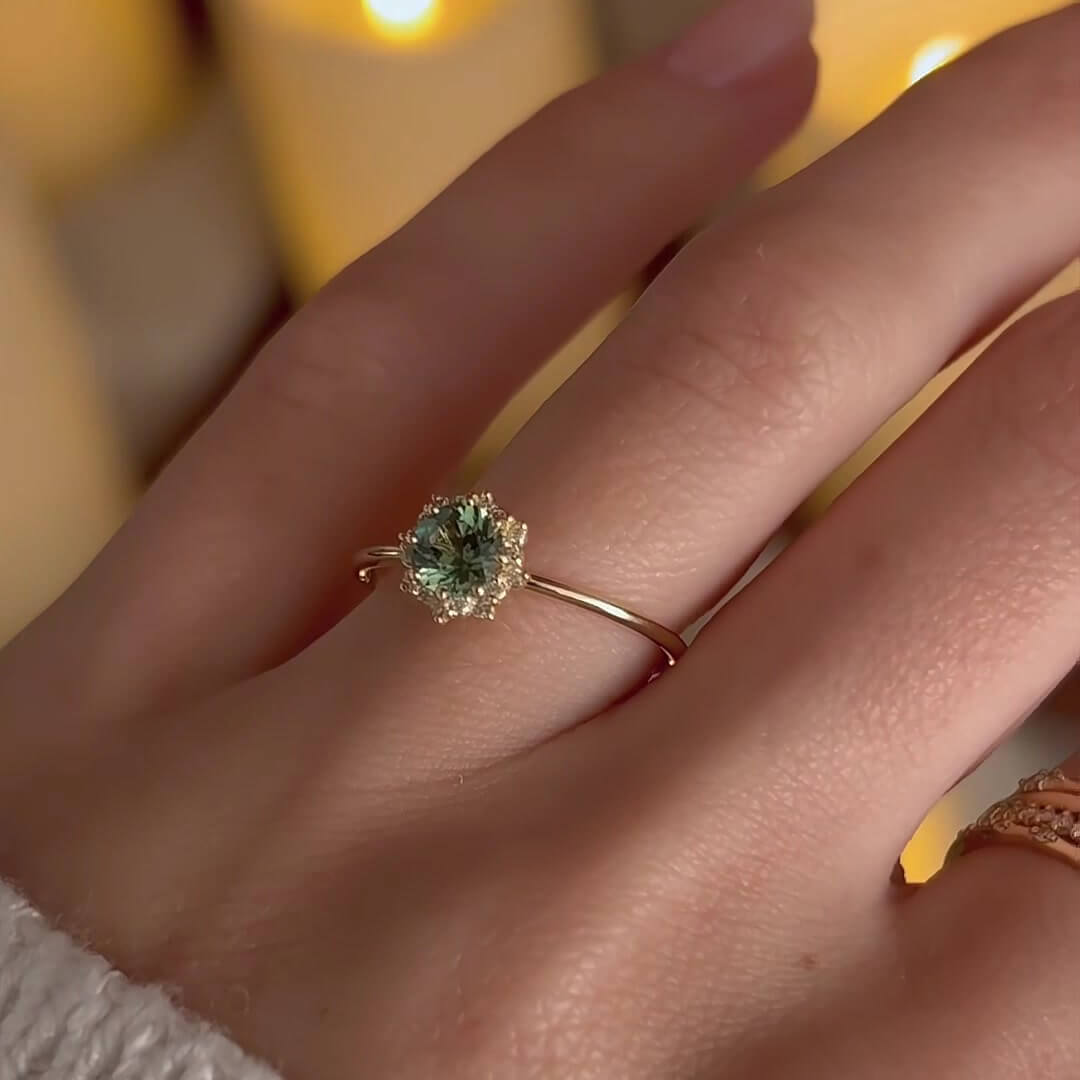 Round Cut Peridot Green Sterling Silver Yellow Gold Halo Engagement Ring