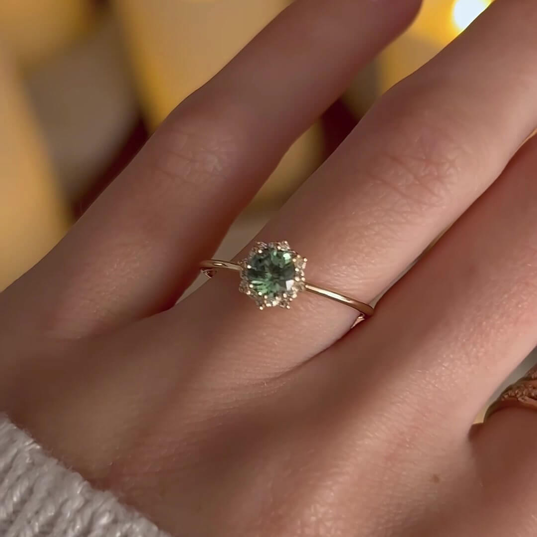 Round Cut Peridot Green Sterling Silver Yellow Gold Halo Engagement Ring