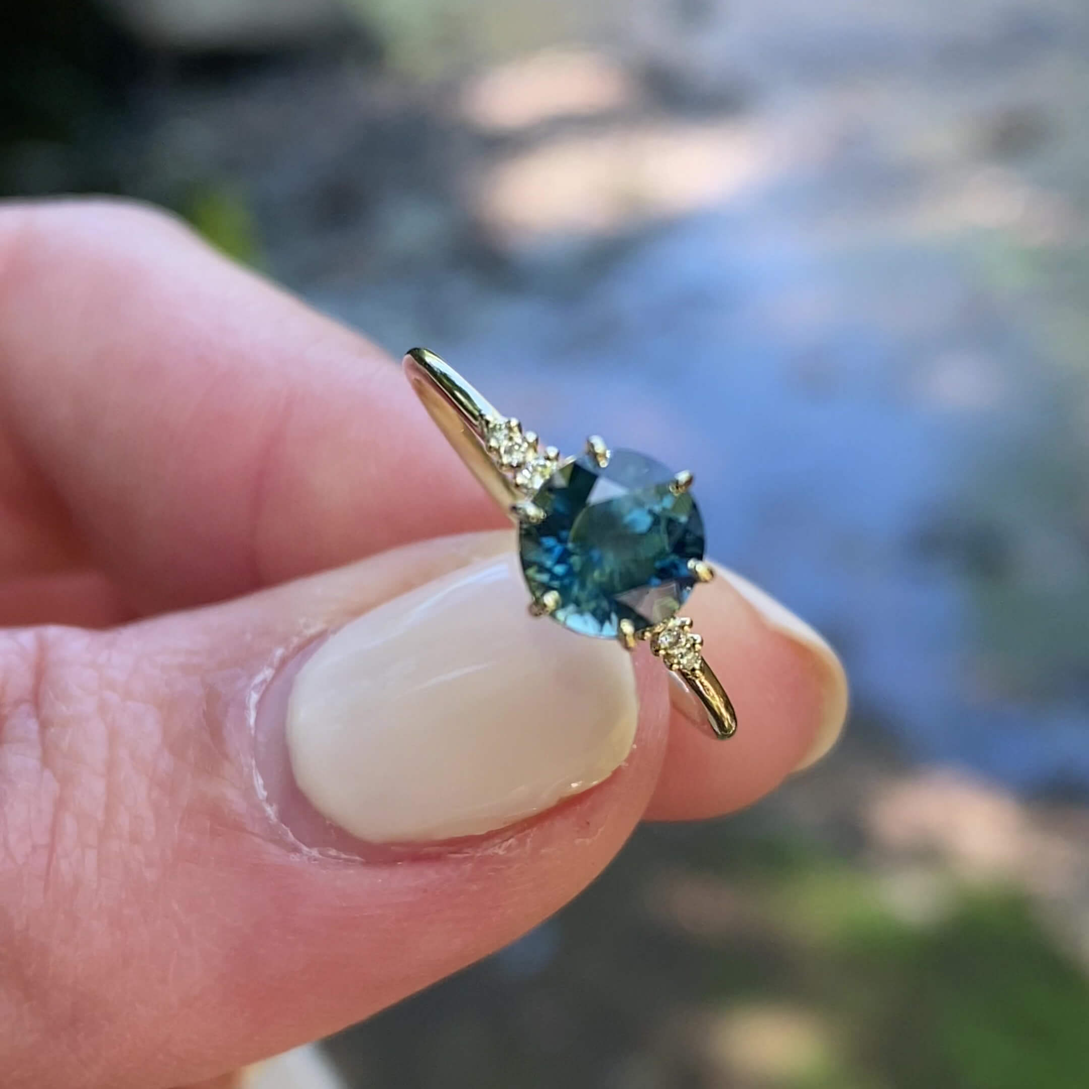 Round Cut Sapphire Blue Sterling Silver Yellow Gold Engagement Ring