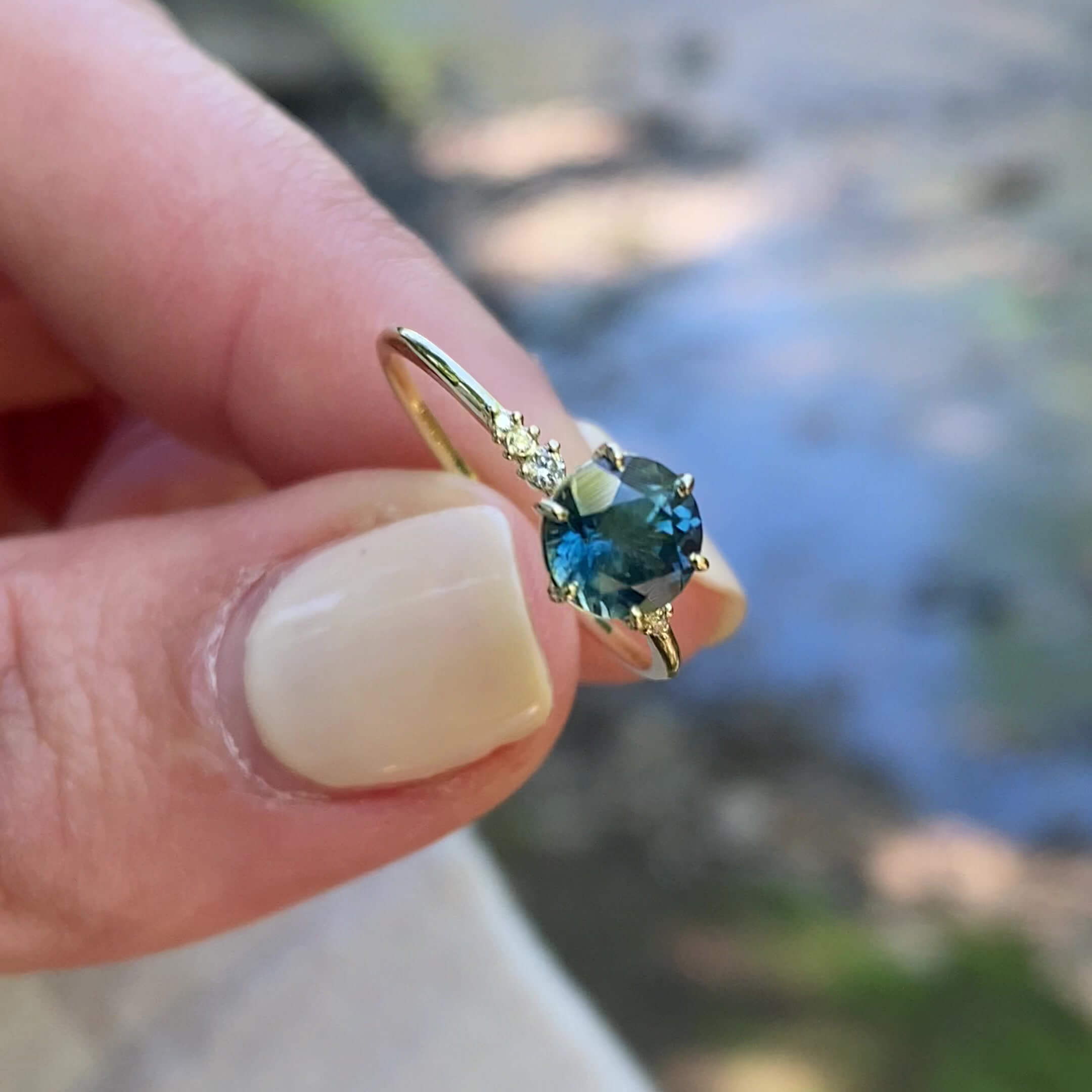 Round Cut Sapphire Blue Sterling Silver Yellow Gold Engagement Ring