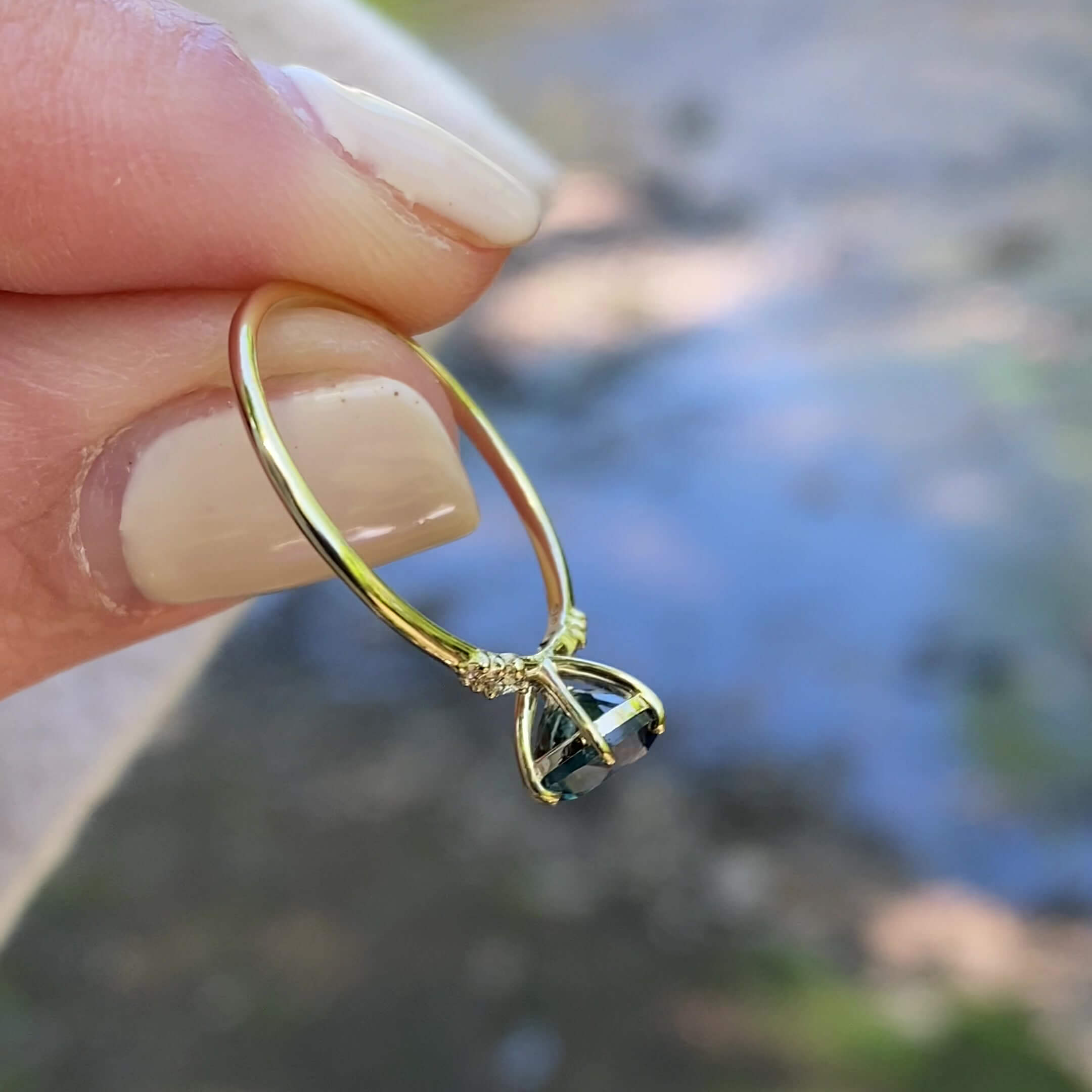 Round Cut Sapphire Blue Sterling Silver Yellow Gold Engagement Ring