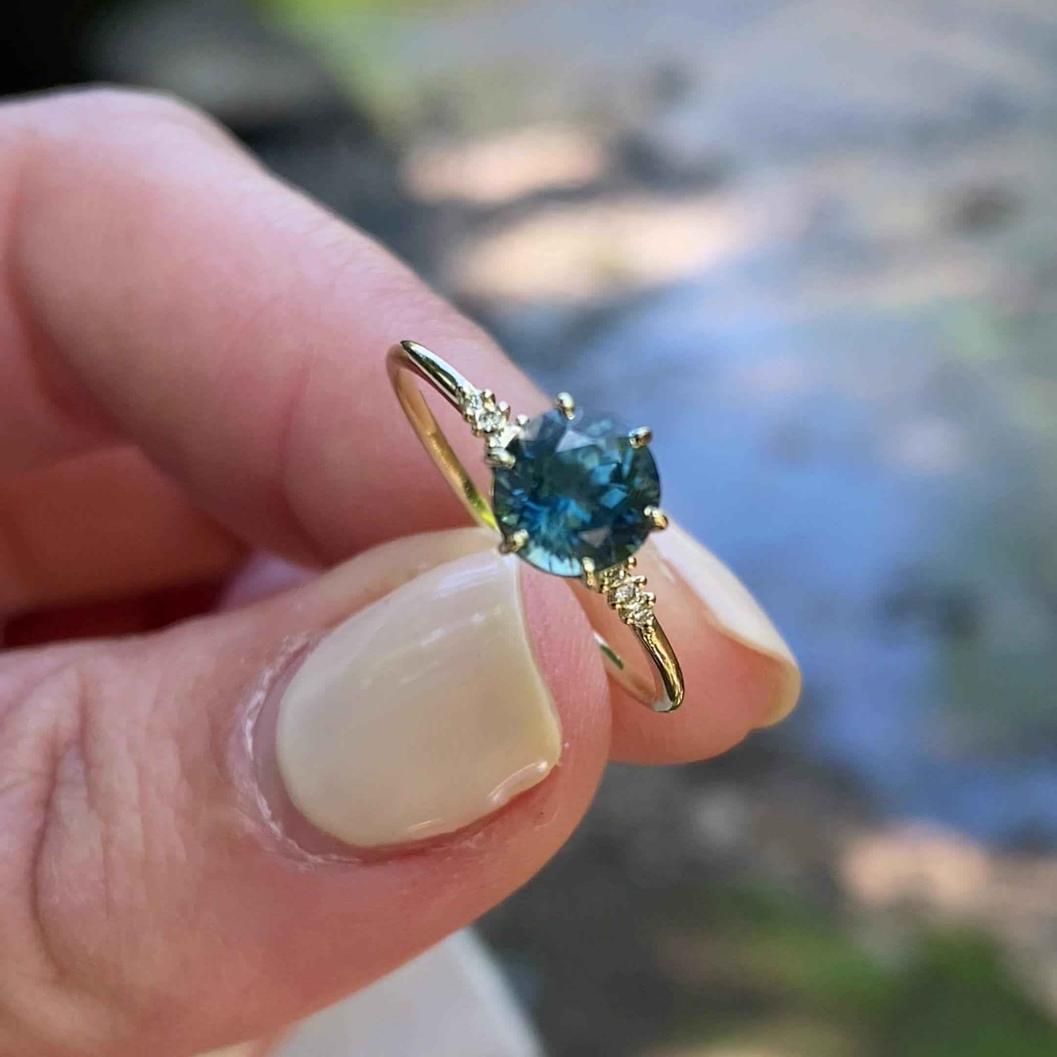 Round Cut Sapphire Blue Sterling Silver Yellow Gold Engagement Ring