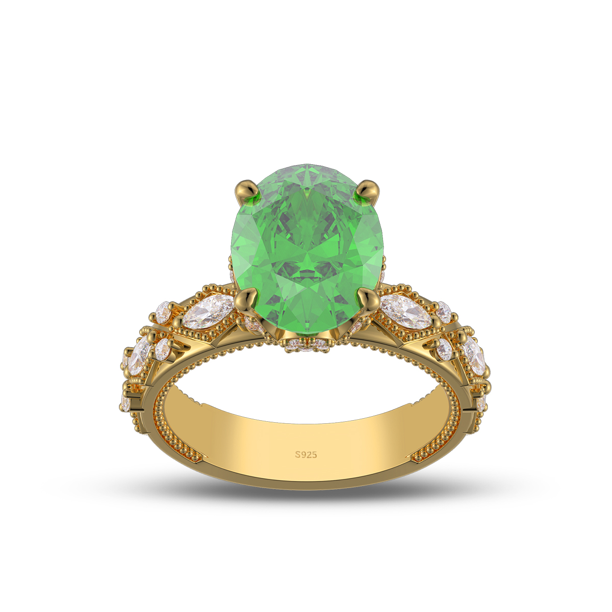 Oval Cut Emerald Green Sterling Silver Engagement Ring