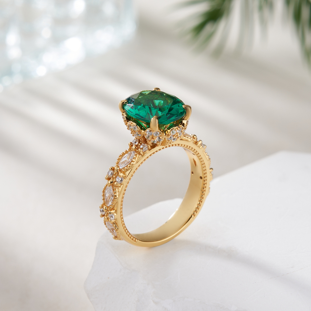 Oval Cut Emerald Green Sterling Silver Engagement Ring