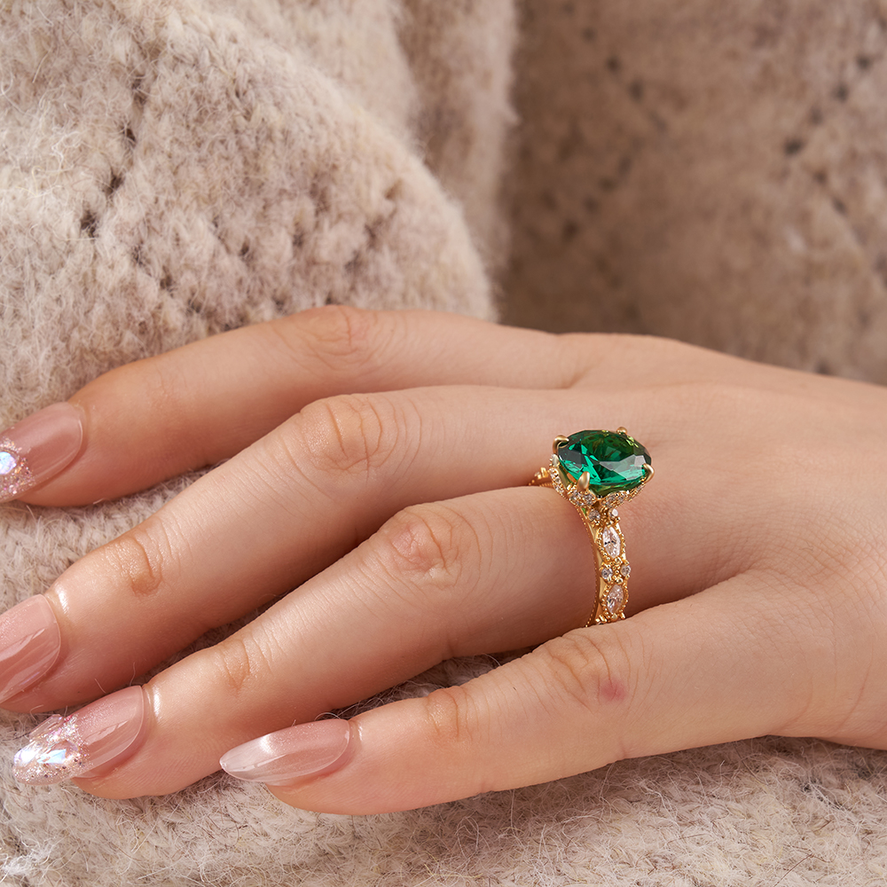 Oval Cut Emerald Green Sterling Silver Engagement Ring