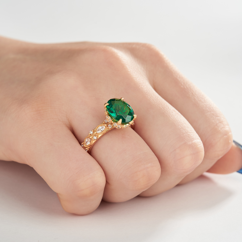 Oval Cut Emerald Green Sterling Silver Engagement Ring