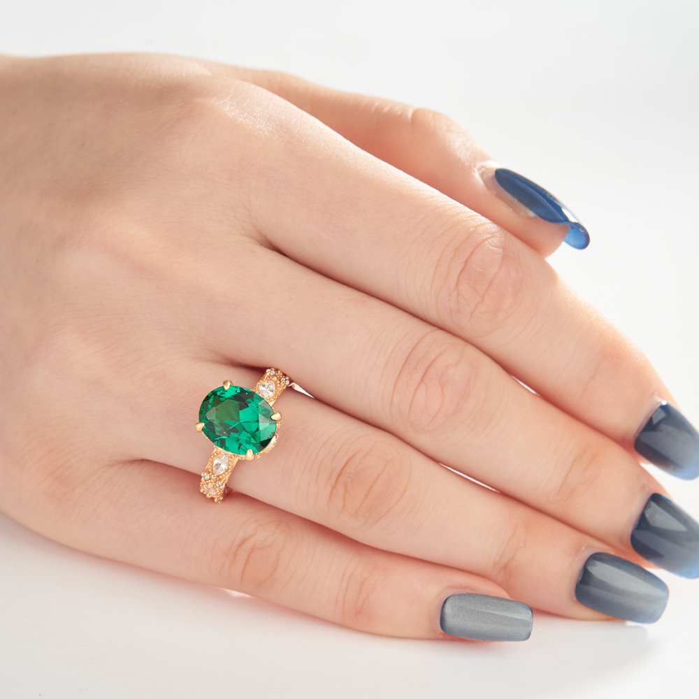 Oval Cut Emerald Green Sterling Silver Engagement Ring