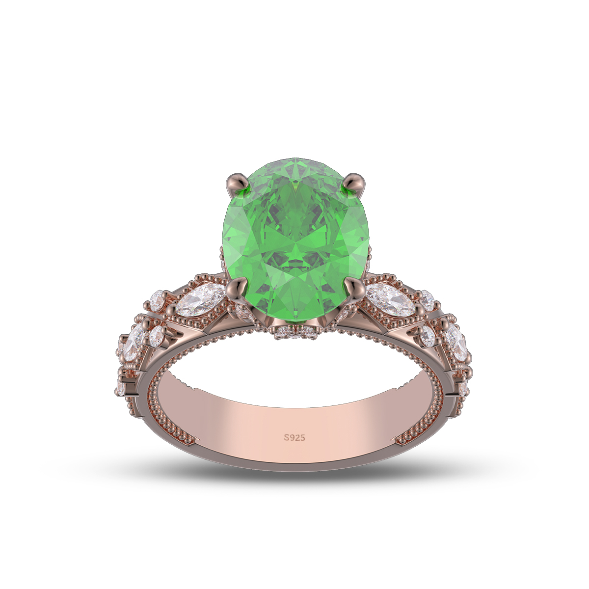 Oval Cut Emerald Green Sterling Silver Engagement Ring