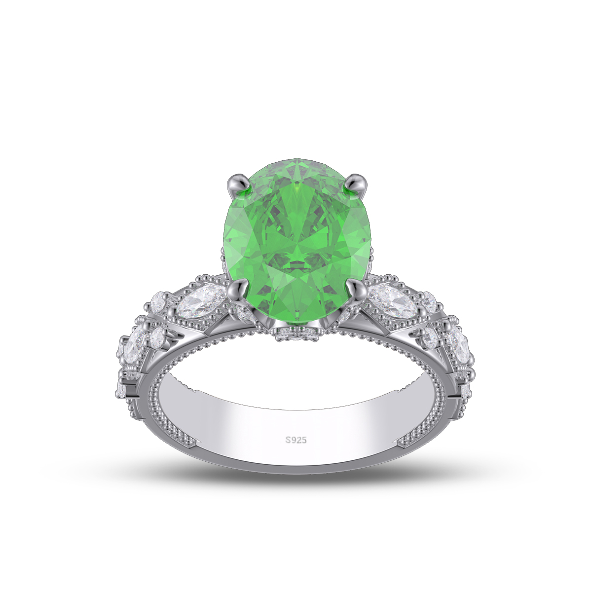 Oval Cut Emerald Green Sterling Silver Engagement Ring
