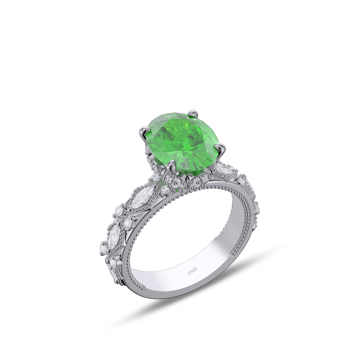 Oval Cut Emerald Green Sterling Silver Engagement Ring