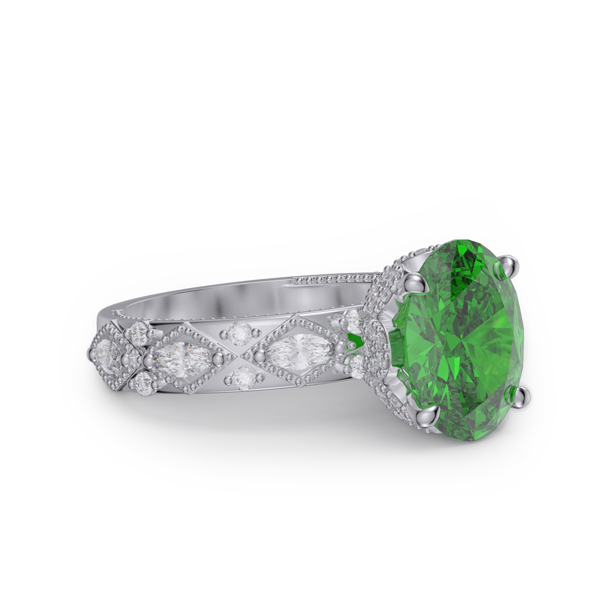 Oval Cut Emerald Green Sterling Silver Engagement Ring
