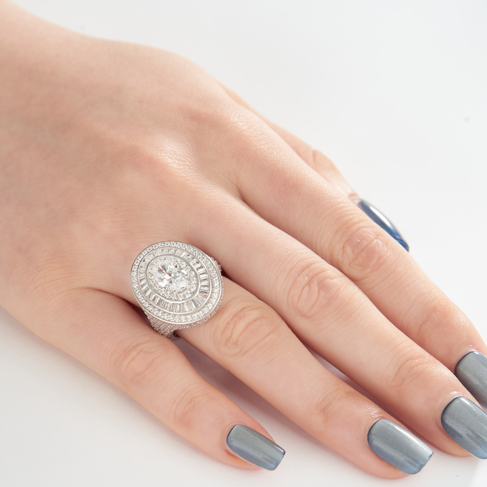 Oval Cut Diamond White Sterling Silver Halo Engagement Ring