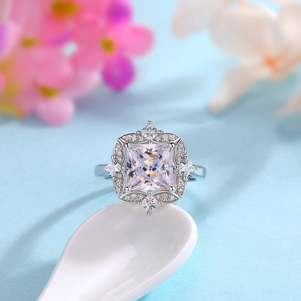 Princess Cut Diamond White Sterling Silver Halo Engagement Ring