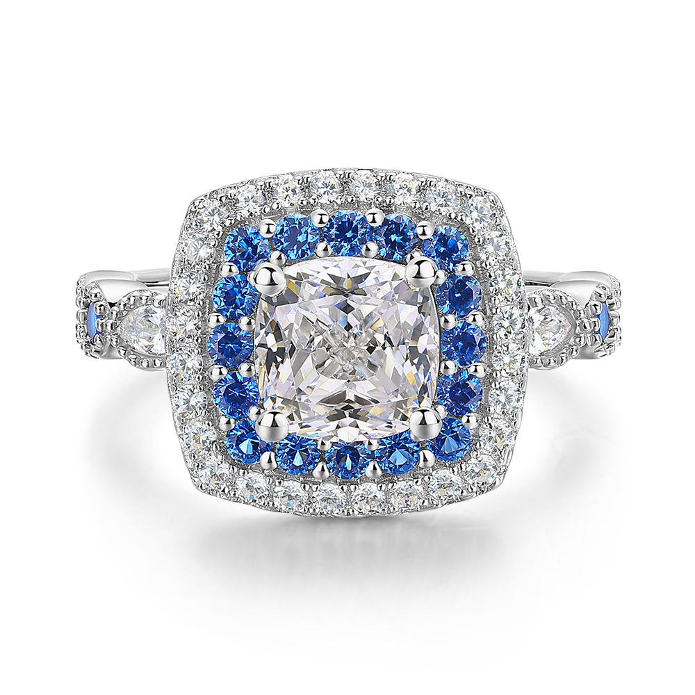 Cushion Cut Diamond White Sterling Silver Halo Engagement Ring