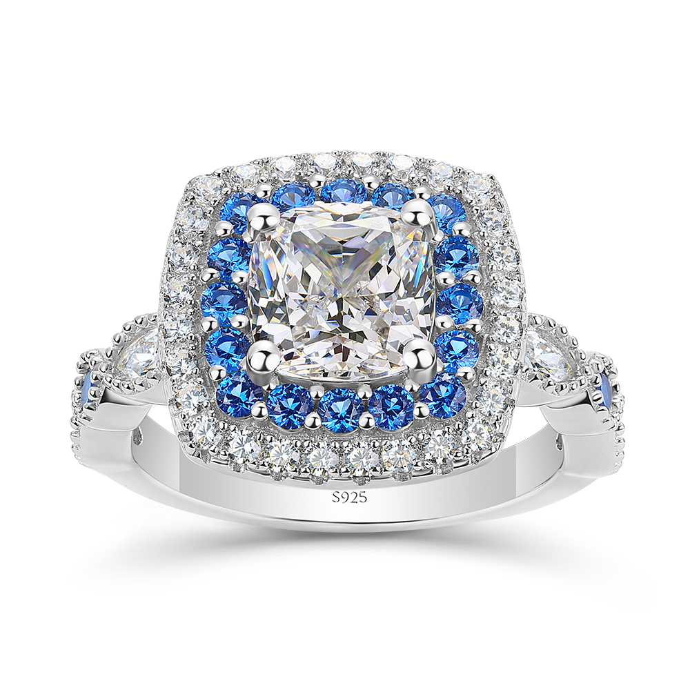 Cushion Cut Diamond White Sterling Silver Halo Engagement Ring