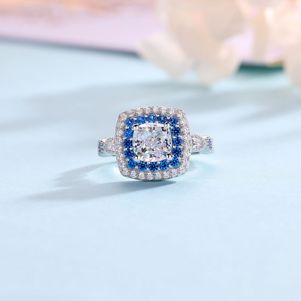 Cushion Cut Diamond White Sterling Silver Halo Engagement Ring