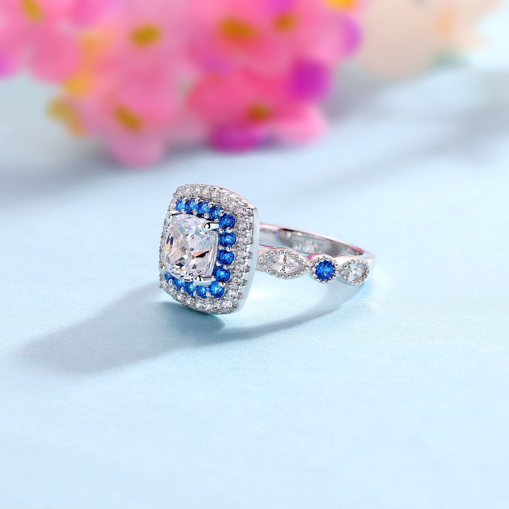 Cushion Cut Diamond White Sterling Silver Halo Engagement Ring