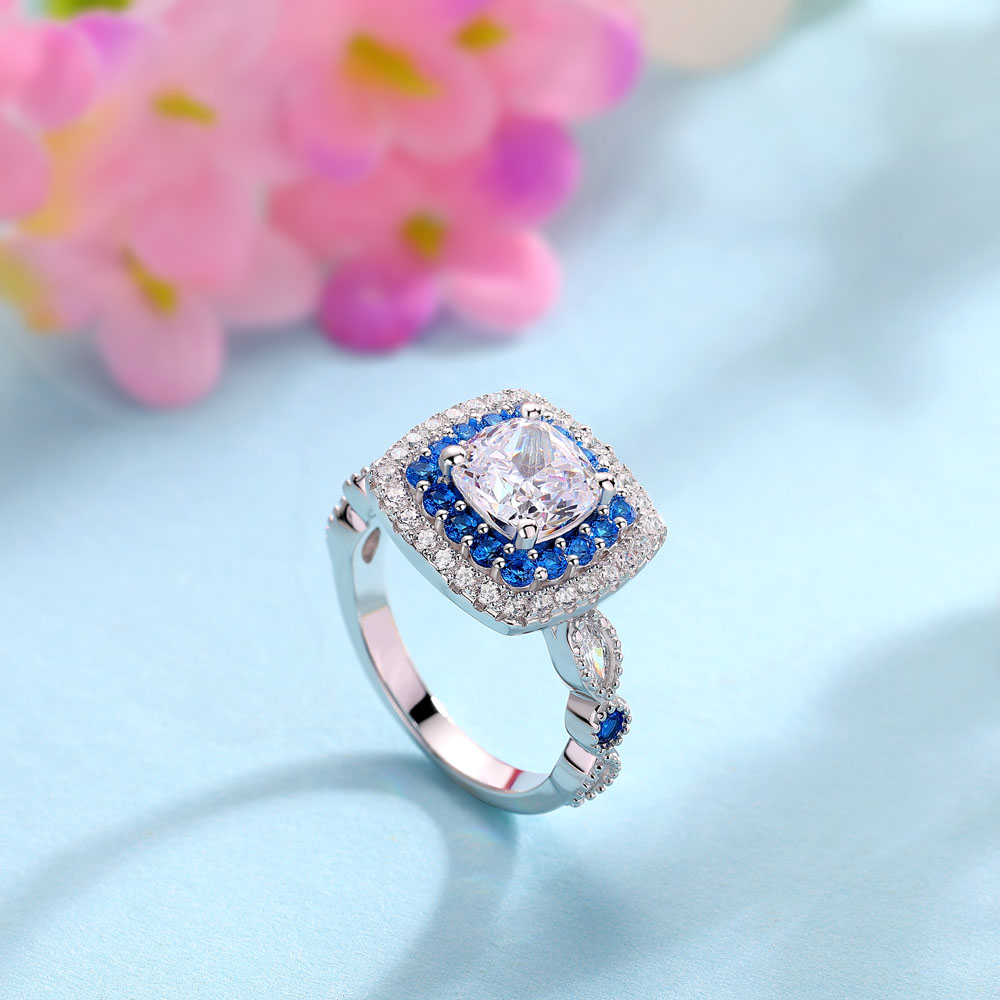 Cushion Cut Diamond White Sterling Silver Halo Engagement Ring