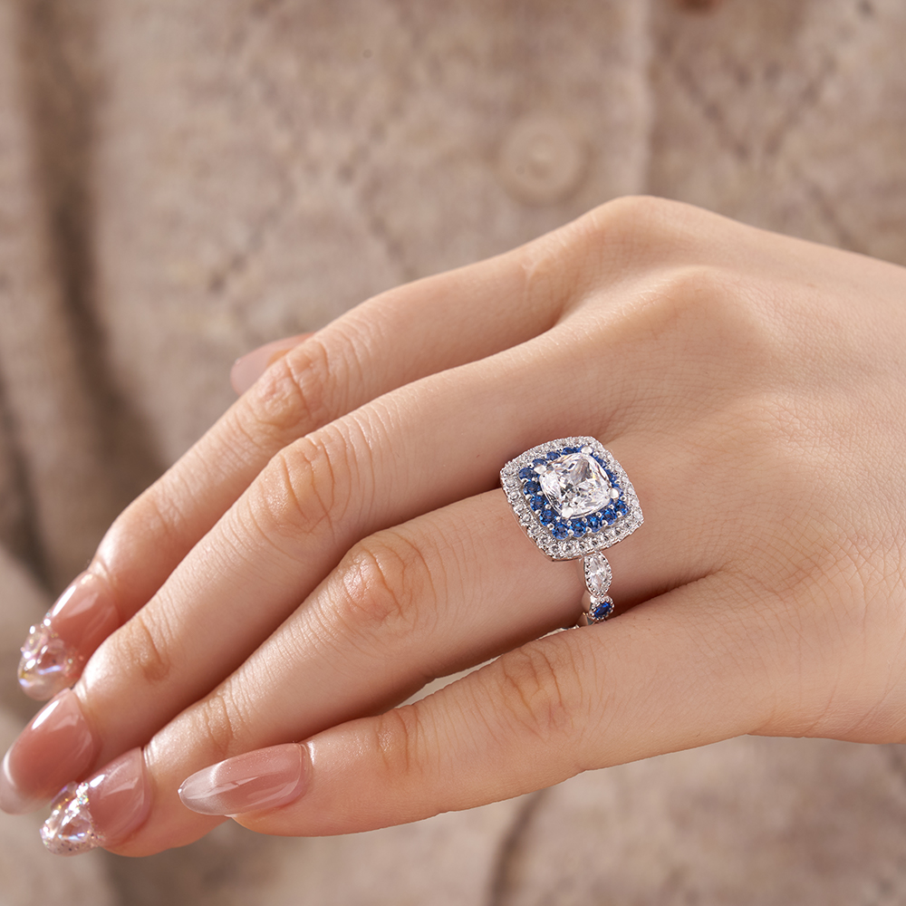 Cushion Cut Diamond White Sterling Silver Halo Engagement Ring