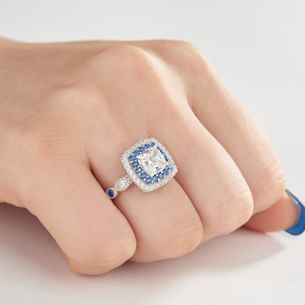 Cushion Cut Diamond White Sterling Silver Halo Engagement Ring