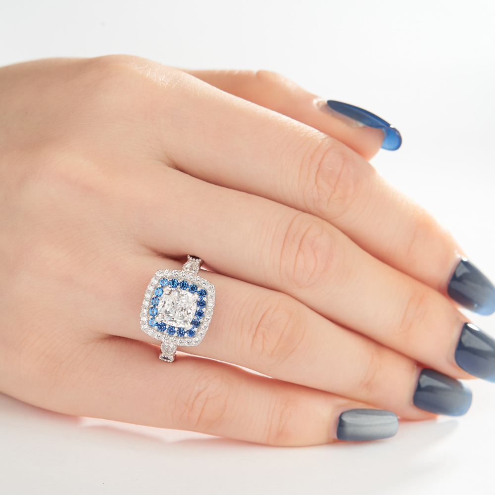 Cushion Cut Diamond White Sterling Silver Halo Engagement Ring