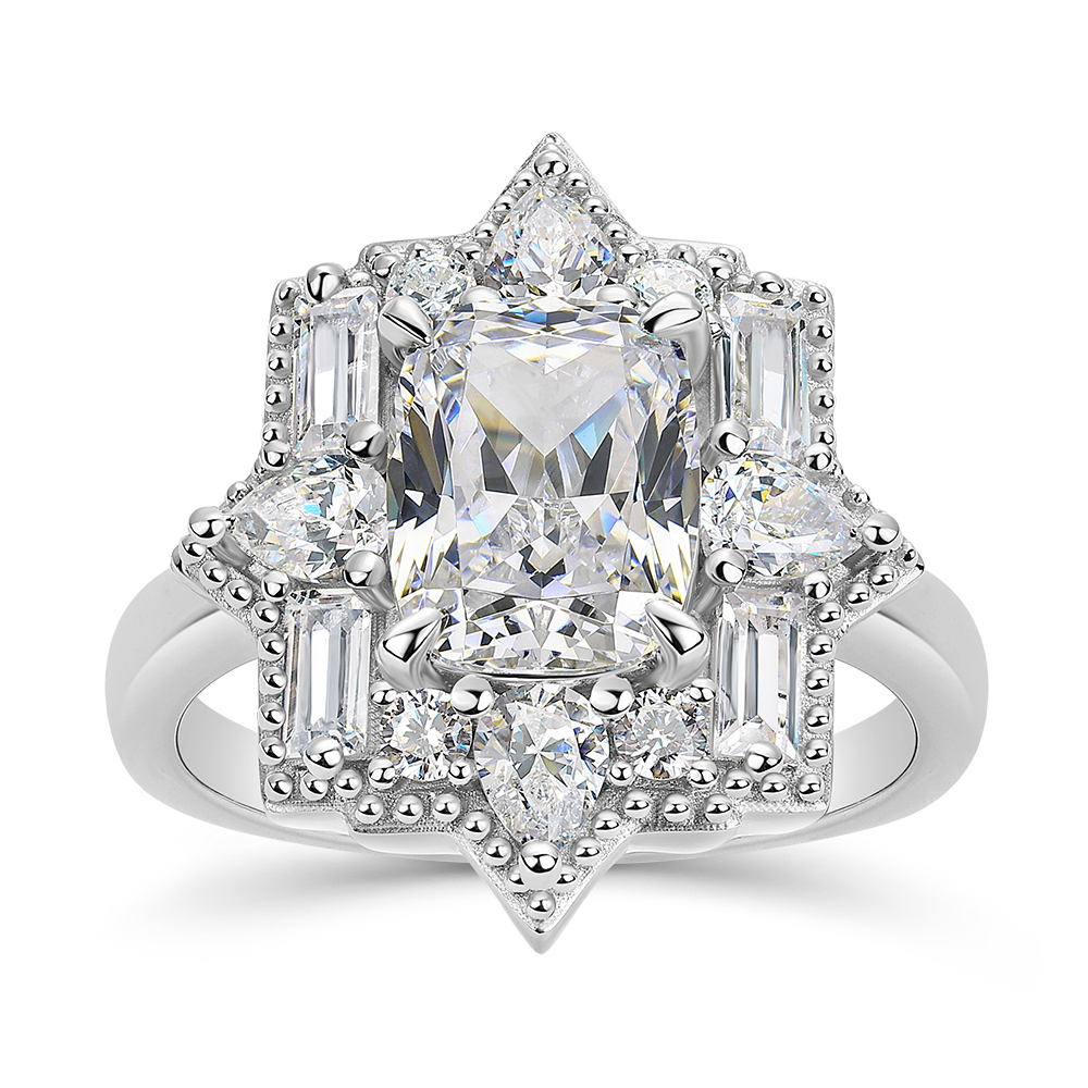 Vintage Cushion Cut Diamond White Sterling Silver Halo Engagement Ring