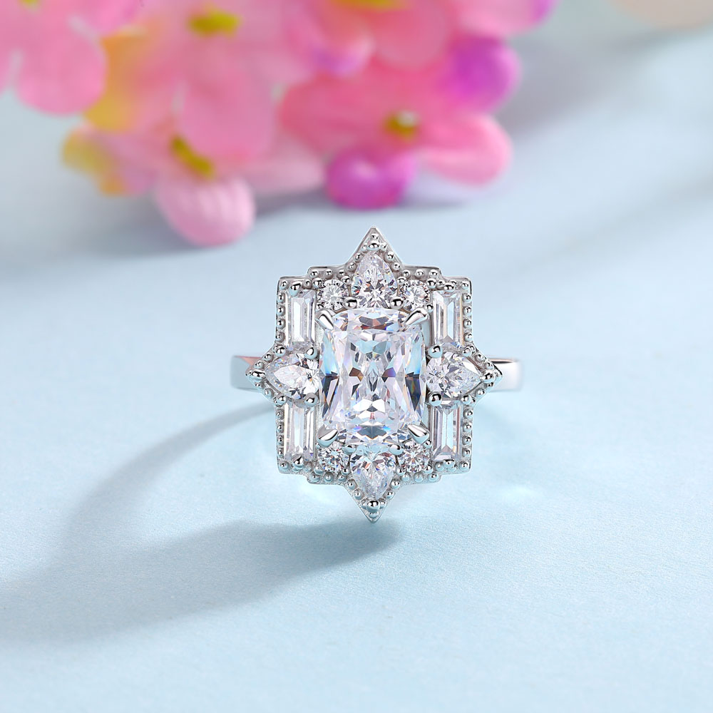 Vintage Cushion Cut Diamond White Sterling Silver Halo Engagement Ring