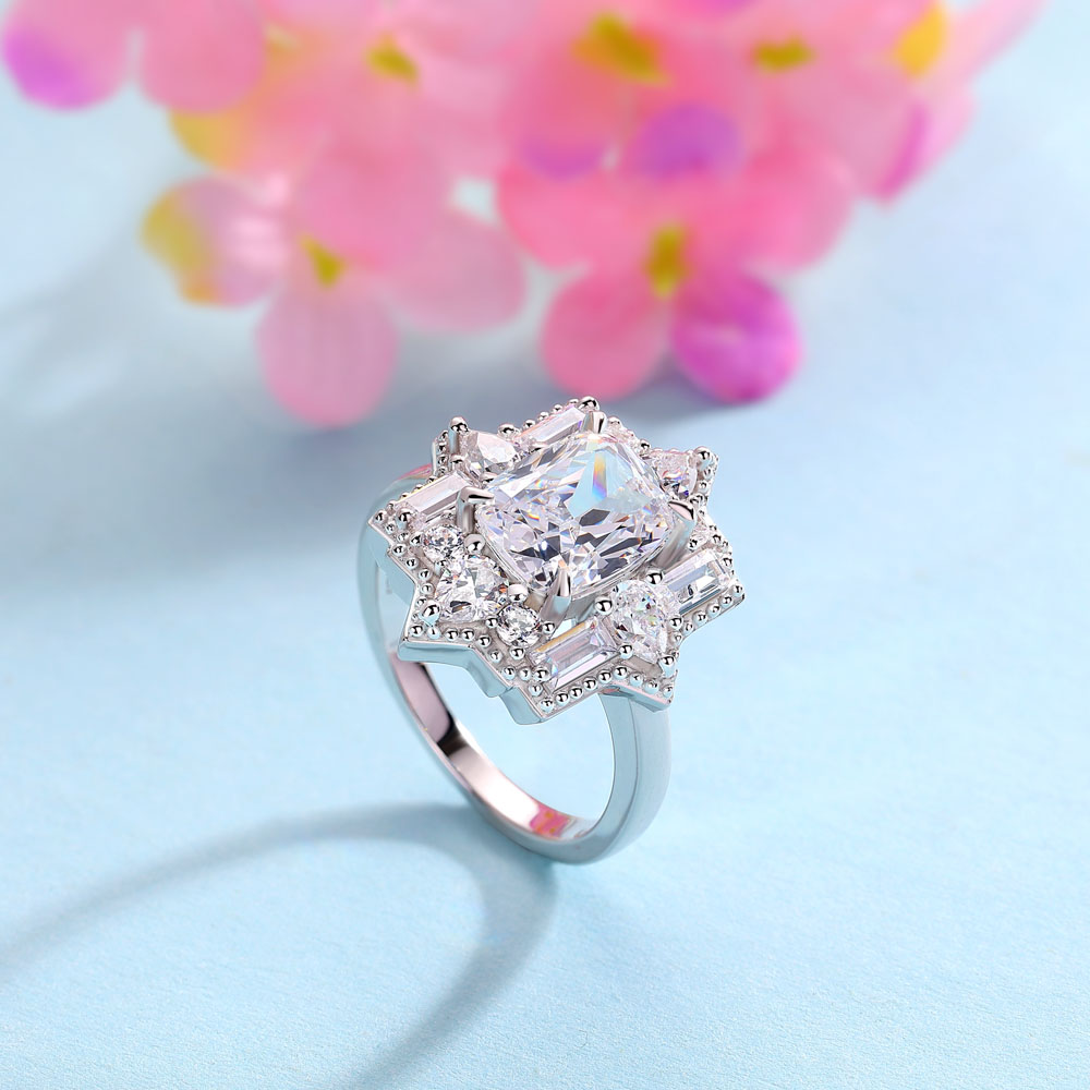 Vintage Cushion Cut Diamond White Sterling Silver Halo Engagement Ring