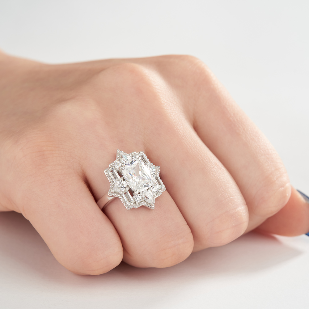 Vintage Cushion Cut Diamond White Sterling Silver Halo Engagement Ring