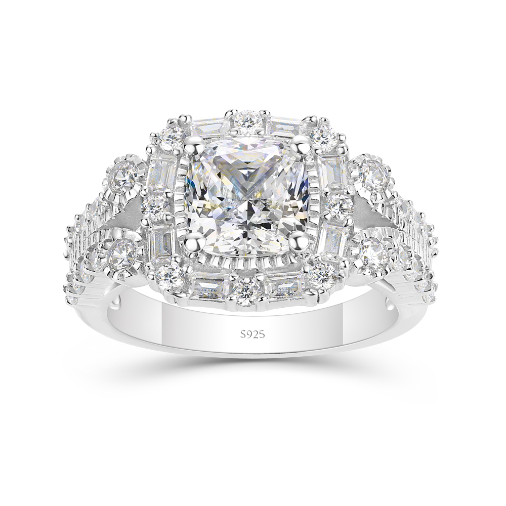 Cushion Cut Diamond White Sterling Silver Halo Engagement Ring