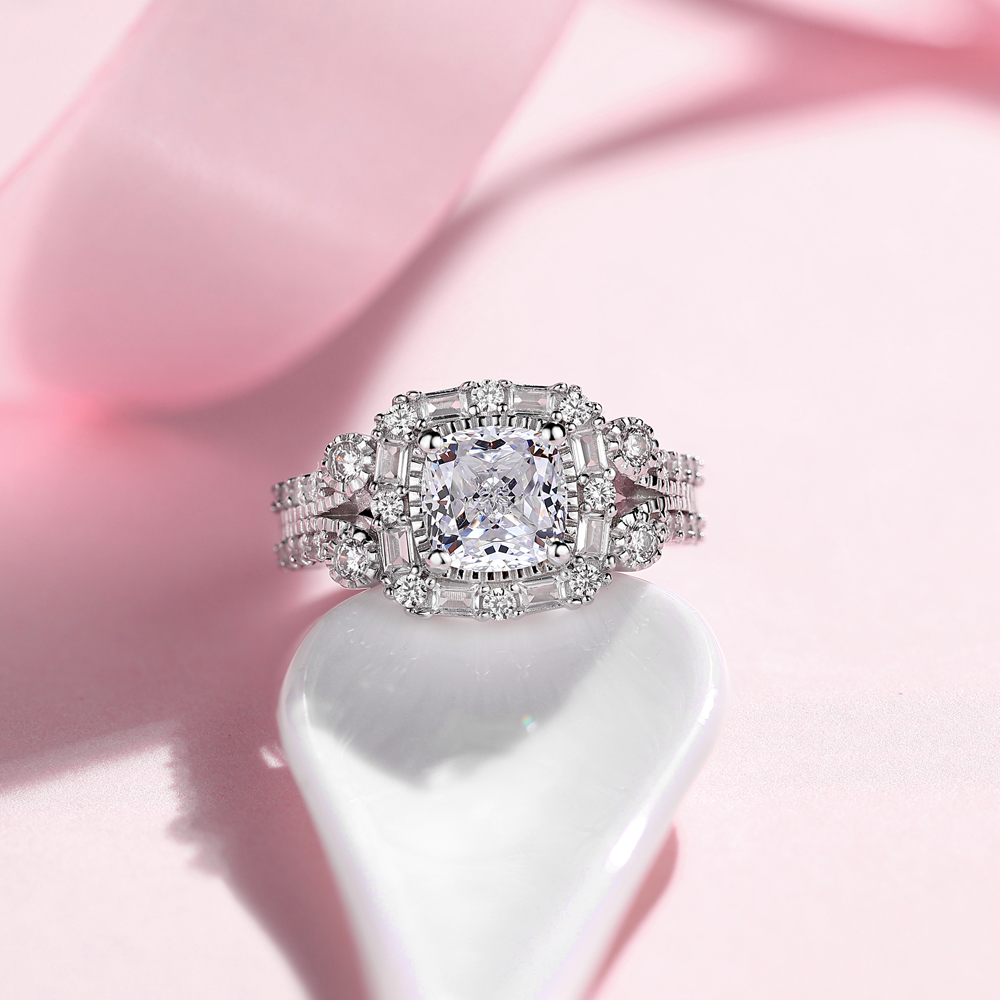 Cushion Cut Diamond White Sterling Silver Halo Engagement Ring