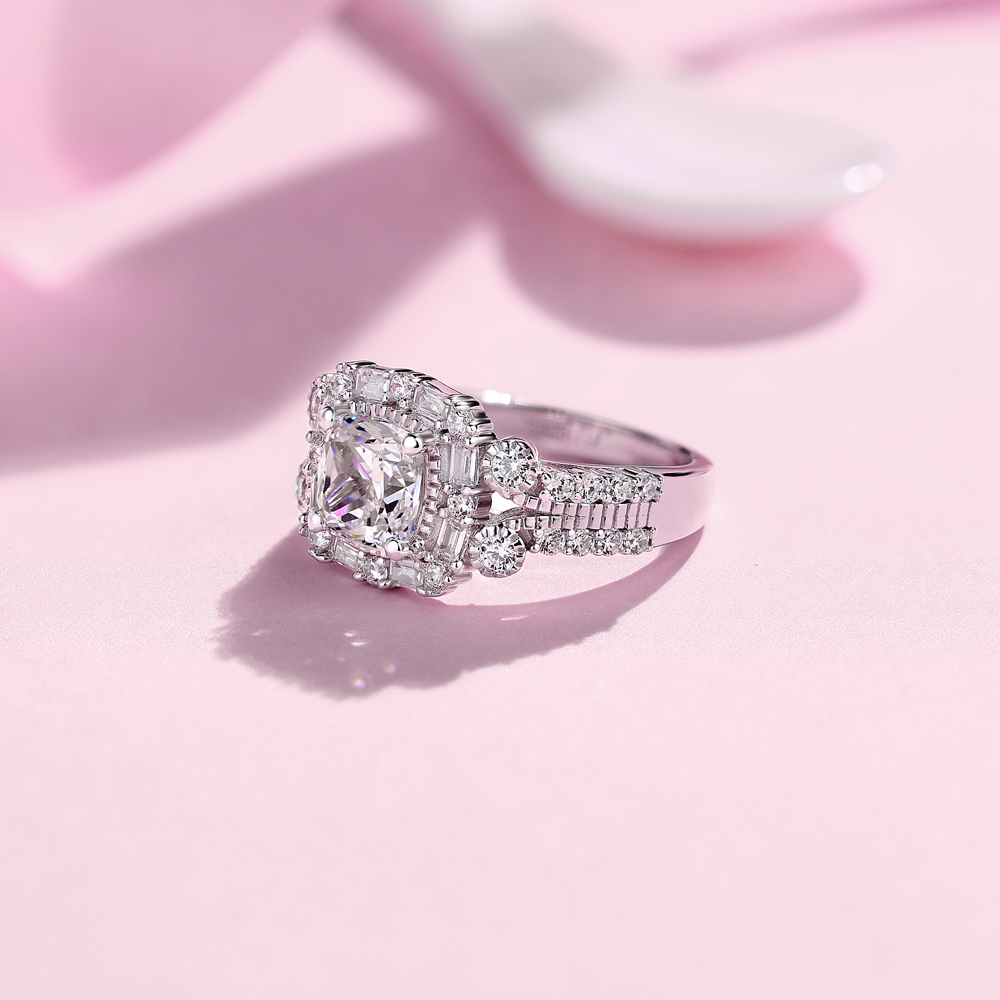 Cushion Cut Diamond White Sterling Silver Halo Engagement Ring