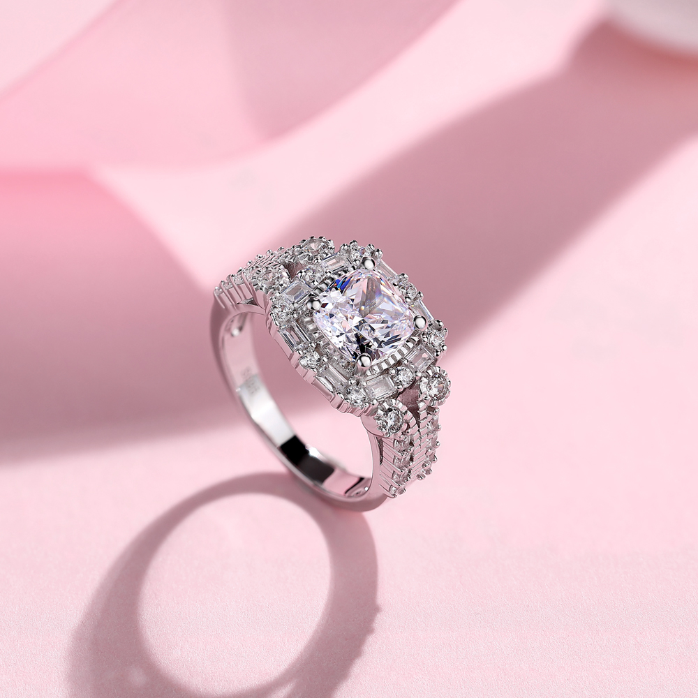 Cushion Cut Diamond White Sterling Silver Halo Engagement Ring