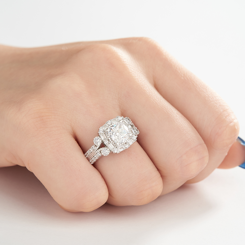 Cushion Cut Diamond White Sterling Silver Halo Engagement Ring