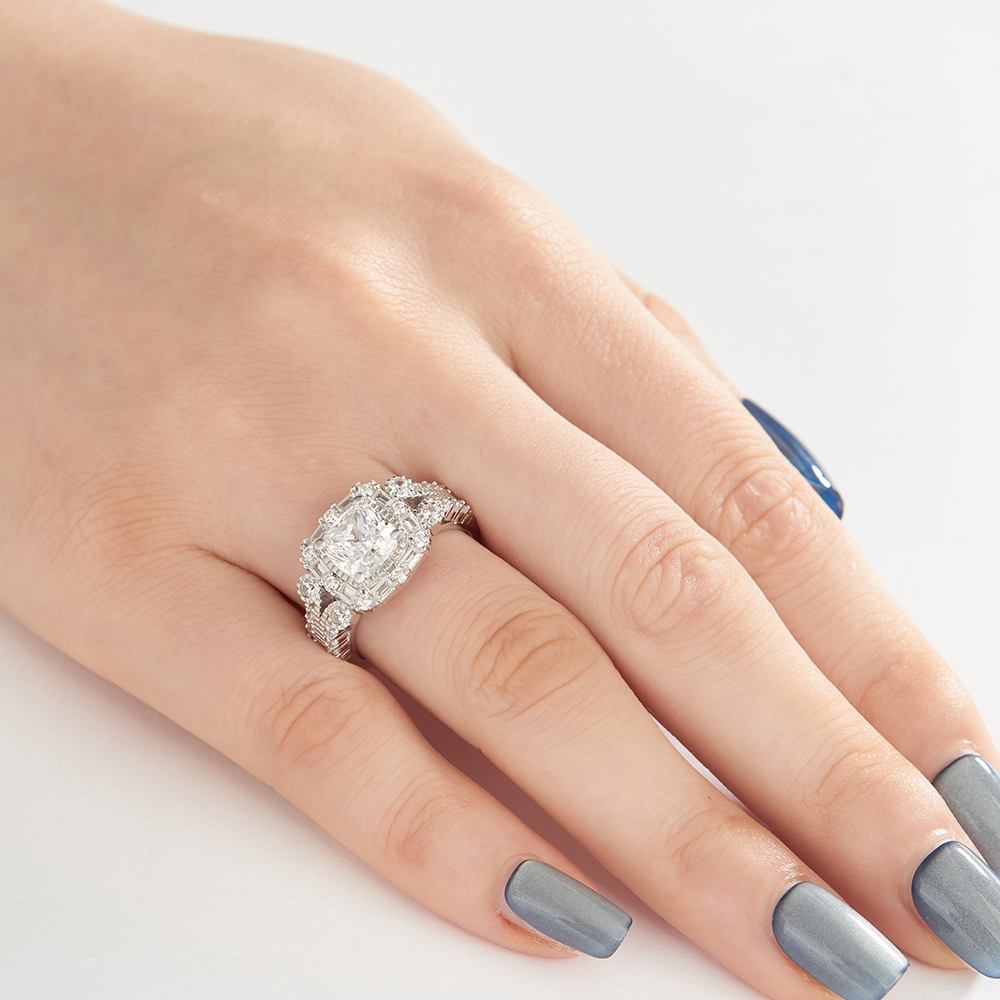 Cushion Cut Diamond White Sterling Silver Halo Engagement Ring