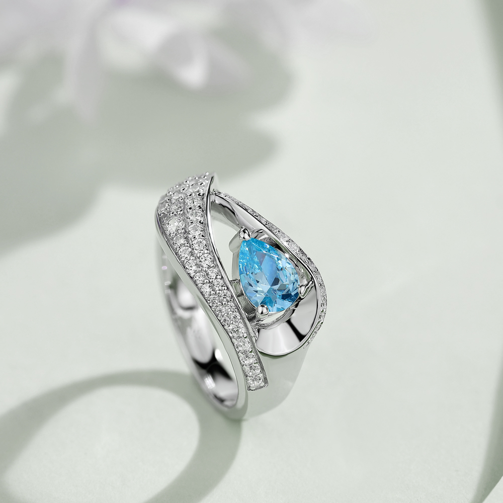 Pear Cut Aquamarine Blue Sterling Silver Art Deco Engagement Ring