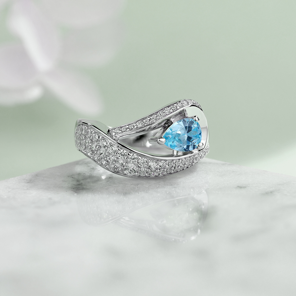 Pear Cut Aquamarine Blue Sterling Silver Art Deco Engagement Ring