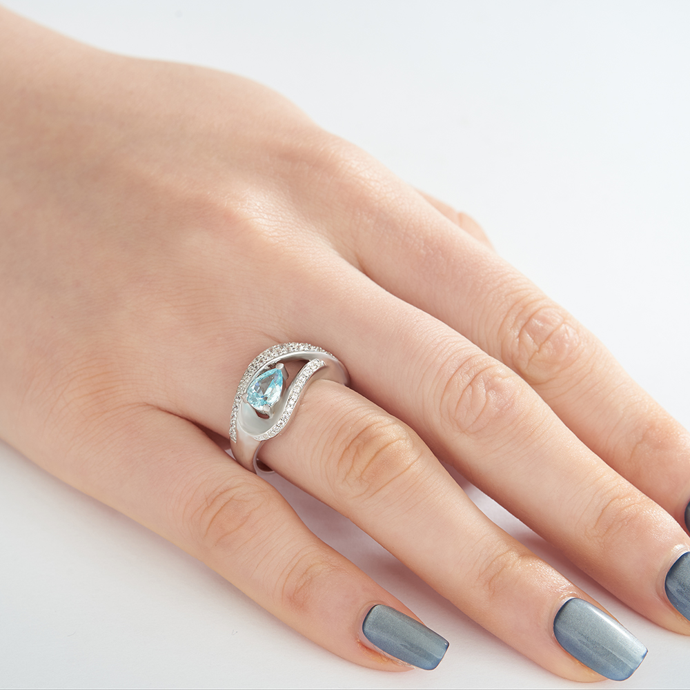 Pear Cut Aquamarine Blue Sterling Silver Art Deco Engagement Ring