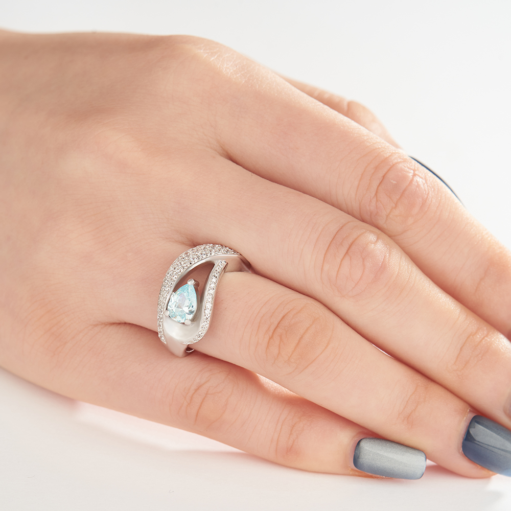 Pear Cut Aquamarine Blue Sterling Silver Art Deco Engagement Ring