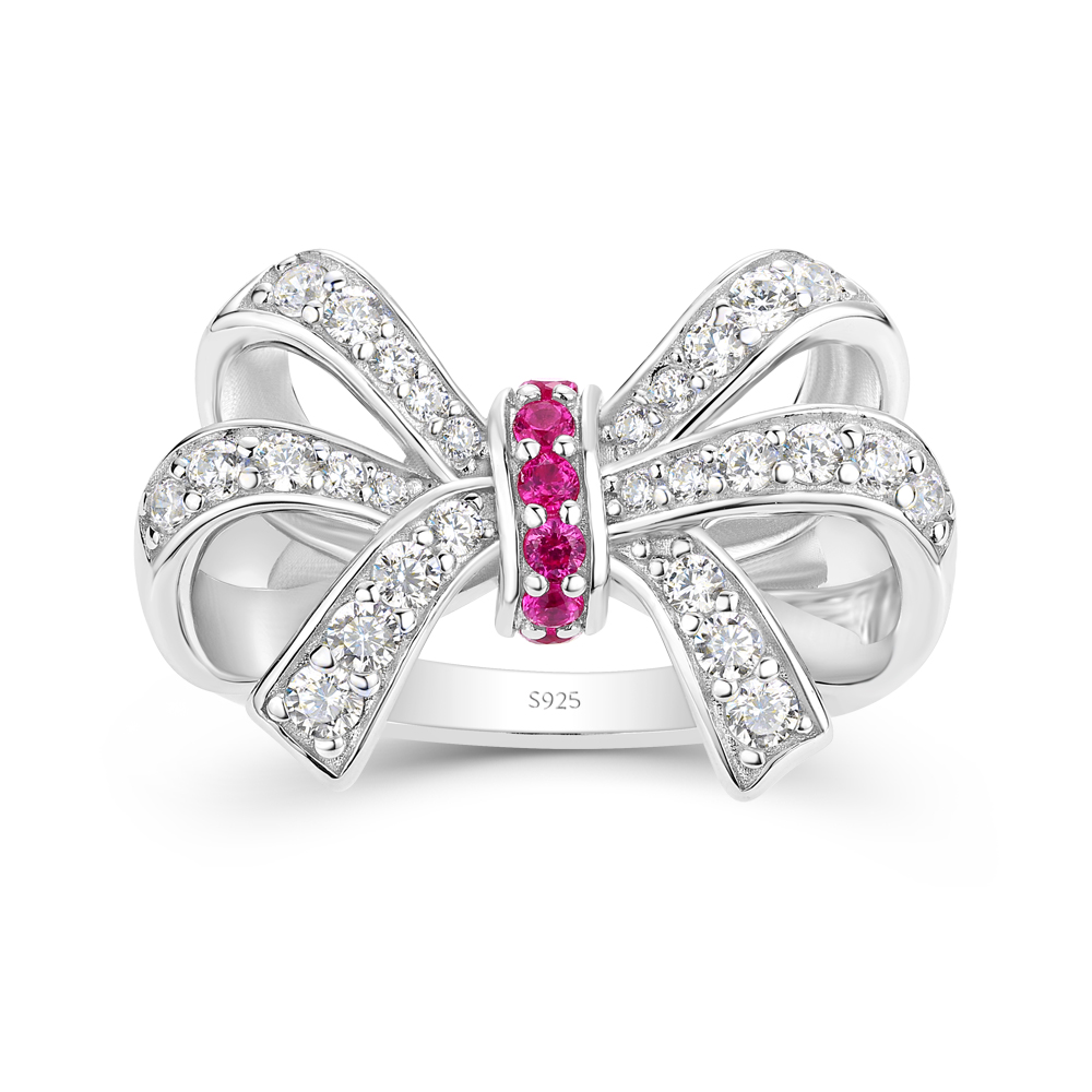Round Cut Fancy Pink Sterling Silver Bow Knot Women's Ring