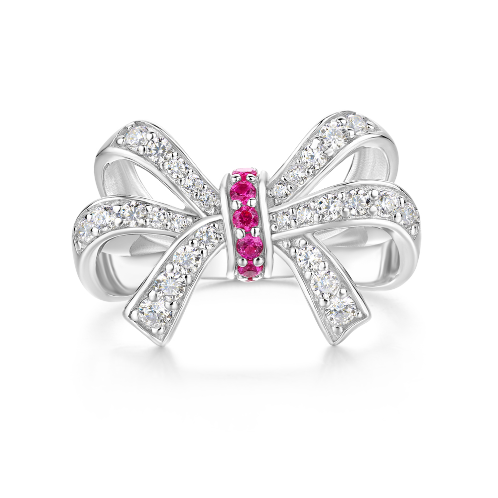 Round Cut Fancy Pink Sterling Silver Bow Knot Women's Ring
